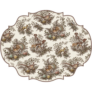 Hester & Cook Die-Cut Harvest Toile Frame Placemats pumpkin squash fall autumn dog hunting pheasant fox brown maroon yellow green