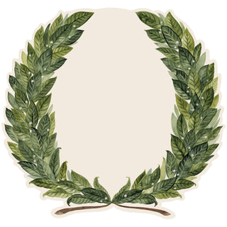 Decorative green leaf wreath on a paper placemat on a white background. Hester & Cook Die-Cut Laurel Wreath Placemats