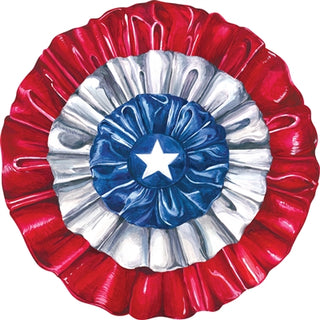 A round placemat with a patriotic red, white, and blue design featuring a white star in the center. Hester & Cook Die-Cut Star-Spangled Placemats