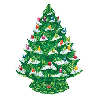 A die-cut vintage Christmas tree placemat featuring a green tree with multicolored lights and white cups. Hester & Cook Die-Cut Vintage Christmas Tree Placemats