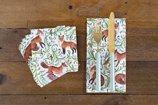 Hester & Cook Fanciful Fox Guest Napkins bird brown green pink fall autumn