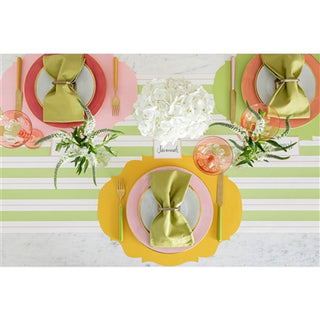 Green & pink paper table scape with striped table runner