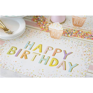 Happy Birthday tablescape with placemat and cupcake name tag