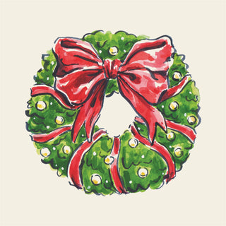 Christmas wreath with a red bow on a beige napkin. Hester & Cook Holiday Wreath Cocktail Napkins