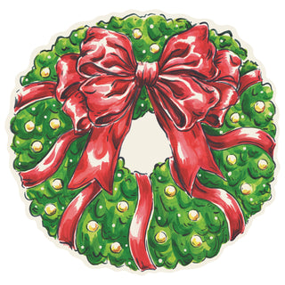 Christmas wreath paper placemat with a red bow on a white background. Hester & Cook Holiday Wreath Placemat