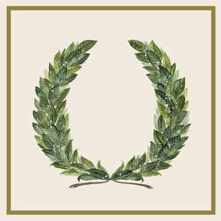 Decorative wreath made of green leaves on a beige background cocktail napkin. Hester & Cook Laurel Wreath Cocktail Napkins