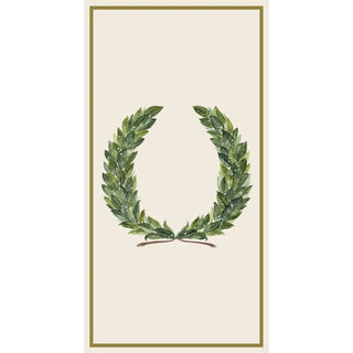 Decorative wreath design on a beige guest napkin with a gold border. Hester & Cook Laurel Wreath Guest Napkins