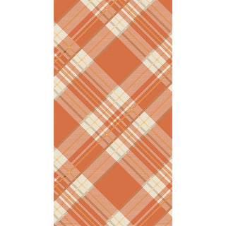 Plaid pattern with orange and beige colors on a guest napkin on a white background. Hester & Cook Orange Plaid Guest Napkins