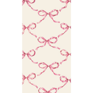 Pattern of pink bows on a guest towel on a white background. Hester & Cook Pink Bow Lattice Guest Napkins