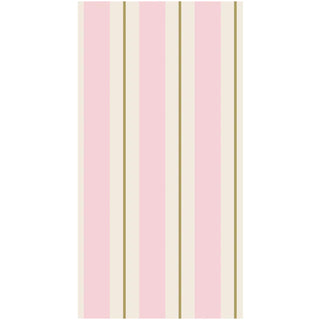 A folded pink and gold striped guest napkin.