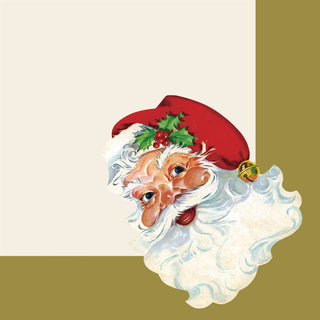 Illustration of Santa Claus's face with a red hat and white beard on a beige and gold napkin. Hester & Cook Santa Cocktail Napkins