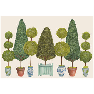 A set of placemats featuring a topiary garden design with various shrubs and pots. Hester & Cook Topiary Garden Placemats