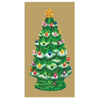 A decorative vintage-style Christmas tree guest napkin with gold ink and multicolored lights. Hester & Cook Vintage Christmas Tree Guest Napkins