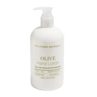 White bottle of Hillhouse Naturals Olive Hand Lotion on a white background