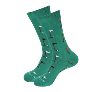 Green socks with golf-themed design on a white background. Hole in One Golf Socks