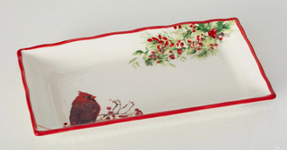 Rectangular ceramic tray with cardinal and floral design on a white background