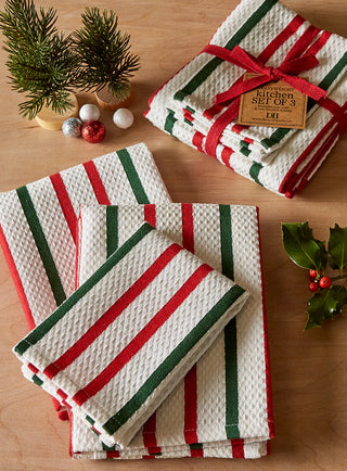 Holiday Stripe Heavy Kitchen Cloths, Set of 3 red white green waffle knit