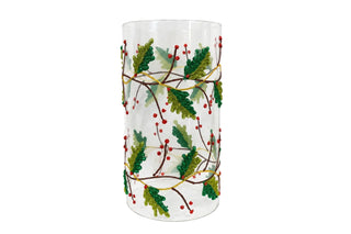 Holly Berry Clear Glass Candle Slip Cover
A tall, clear glass cylinder vase decorated with a hand-painted glittered oak leaf and acorn vine pattern in green, brown, and red Christmas berry berries