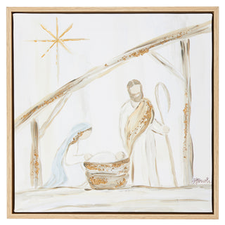 Holy Family Framed Canvas Wall Art natural tones Mary with blue star nativity