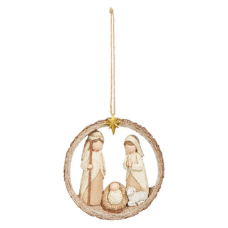 Holy Family Resin Ornament 4.5" brown neutral tones sheep star