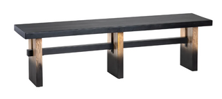 Long black bench with wooden legs on a white background