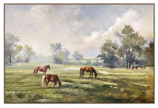 Painting of horses grazing in a field with trees and misty sky