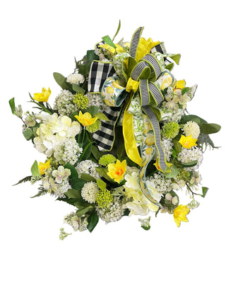 Hydrangea & Narcissus Wreath w/ Green, Yellow, Black & White Bow