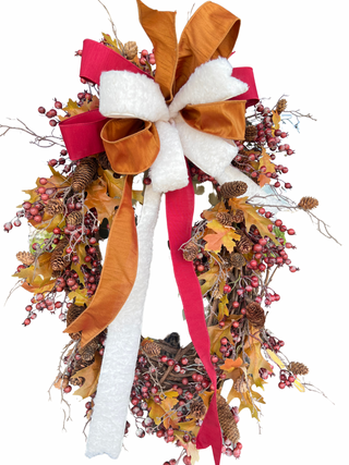 Fall Rosehip and Mini Pine Cone Wreath with Bow