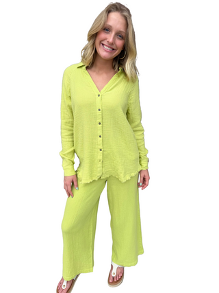 Tribal Crinkle Gauze Button-Front Tie Blouse with Raw Edge Hem in Green Banana