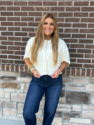 2 Button Short Sleeve Cardigan in Ivory