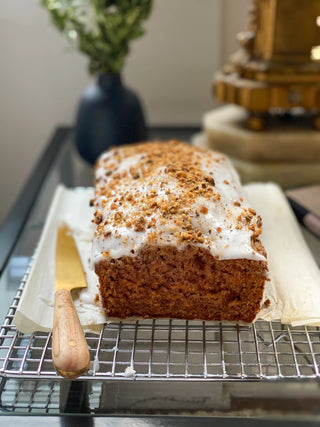 side view of the maison zoe ford carroty cake mix freshly baked 