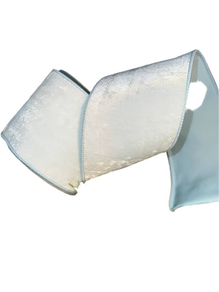 White Velvet with Soft Blue Taffeta Back 4" x 1' Wired Ribbon - SOLD BY THE FOOT