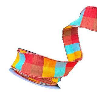 Rust/Yellow/Teal Check 1.5" x 1' Wired Ribbon - SOLD BY THE FOOT