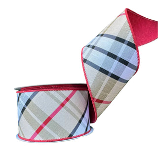 Red/Tan/Black Diagonal Plaid 2.5" x 1' Wired Ribbon - SOLD BY THE FOOT