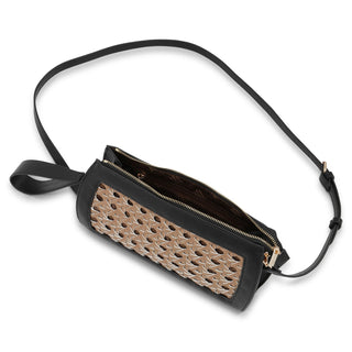 Handbag with woven pattern and black strap on a white background