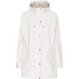 A white, long-sleeved raincoat with a hood, featuring a button-up front and a straight-cut design.