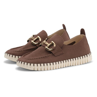 Brown loafers with gold buckles on a white background