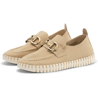 A pair of beige Ilse Jacobsen Tulip shoes with a buckle, featuring a lightweight design and a flexible outsole.