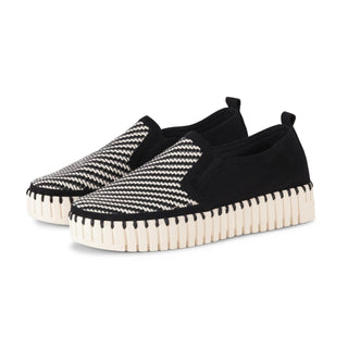Black and white woven Ilse Jacobsen slip on shoes with white rubber sole