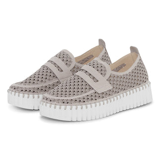 Pair of gray sneakers with white soles on a white background