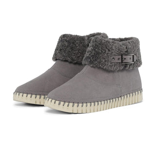 Pair of gray ankle boots with fur trim on a white background