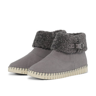 A pair of Ilse Jacobsen Tulip Ankle Boots in Dark Shadow color, featuring a round toe, low heel, and faux fur cuff.