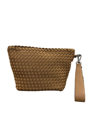 Ilse Jacobsen Woven Clutch in Sepia
A tan woven leather cosmetic pouch with a matching wristlet strap.