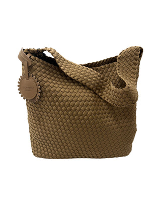 Ilse Jacobsen Woven Tote Bag, Sepia Tint
A tan woven leather tote bag with integrated shoulder straps and a hanging round leather tag.
