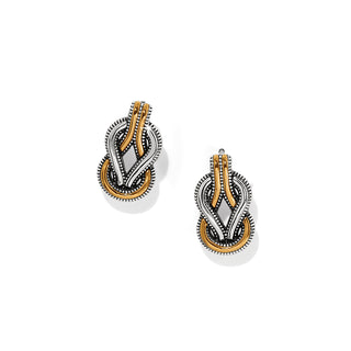 A pair of Brighton Harmony Two Tone Post Earrings featuring a silver and gold design with a geometric pattern. 