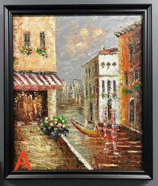 An oil painting depicting a vibrant cityscape with a canal, buildings, and a gondola, framed in a dark frame with a visible 'A' initial in the bottom right corner. Italian Paris Oil Painting