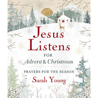 Book cover of 'Jesus Listens for Advent & Christmas' by Sarah Young with a winter scene design.