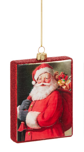 Jolly Santa Rectangle Ornament Assorted sack of toys classic santa red and white