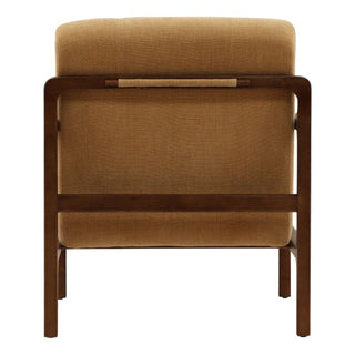 Jordi Occasional Chair in Ochre mustard basketweave fabric brown finish rubber wood retro