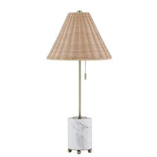 Judith Buffet Lamp rattan shade gold stem white marble base pull chain